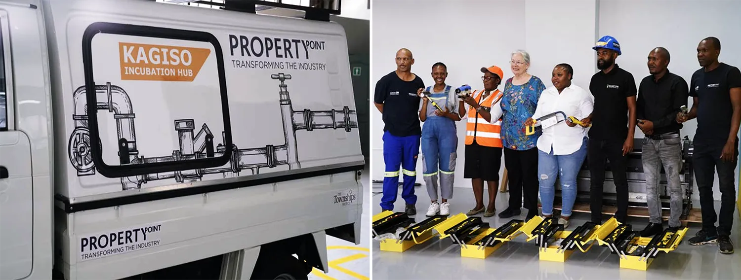 The Kagiso Hub Plumbing Truck and Martha visiting with participants of the plumbing program