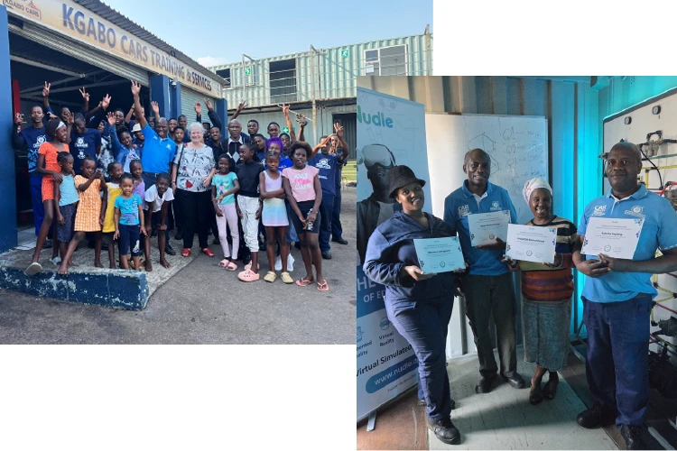 Martha visiting Kgabo Cars and Dr. Boshomane and his training staff showing their training certificates